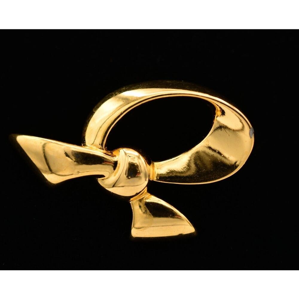 Monet Vintage Bow Pin Brooch Tied Ribbon Shiny Gold Tone Signed 1980s BinBA
